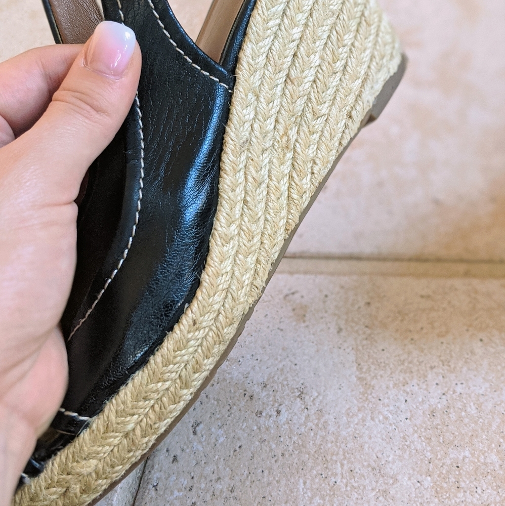 Black Franco Sarto Leather Wedge Peep Toe Sandal 7 - Picture 7 of 8